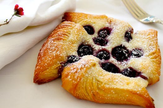 Delicious homemade berry Danish pastry with powdered sugar on a plate.